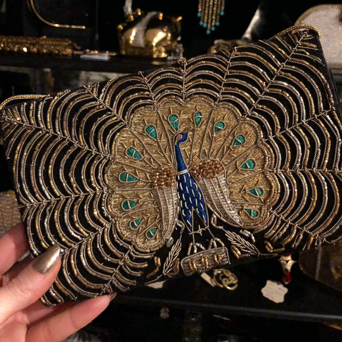 3 pcs Genuine Peacock Feather M/L Embossed Brass Buckle/ Mini Bag/Lipstick Case Peacock Feather Decorative Box with Mirror – Mamota Creative main image 2
