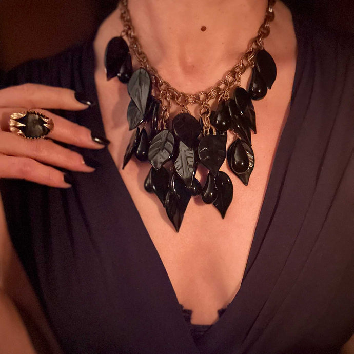 Glass black leaf cluster necklace